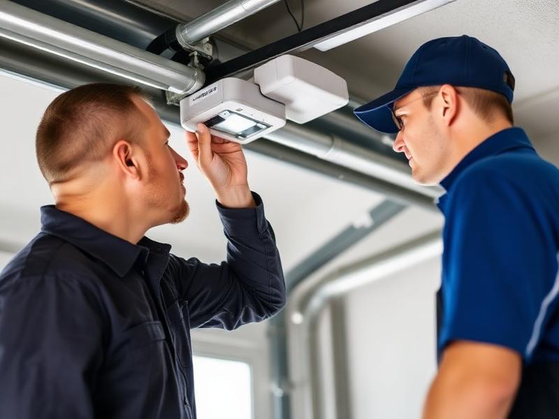 Professional garage door technicians diagnosing sensor alignment